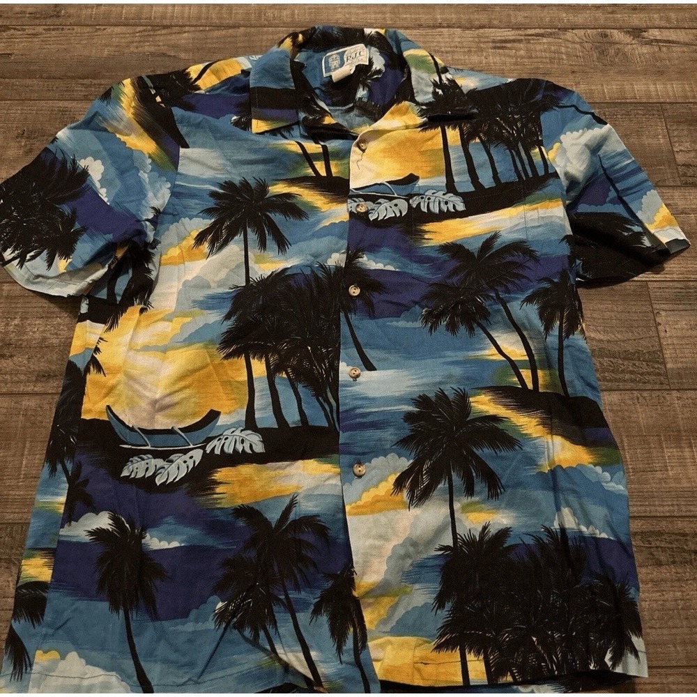 Vintage RJC Shirt Blue Button Up Hawaiian Palm Trees Mens Size XL